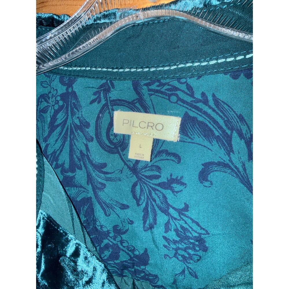 Pilcro Anthropologie Teal Green Long Sleeve Button Down Women’s Velvet Top Sz L - Picture 3 of 7
